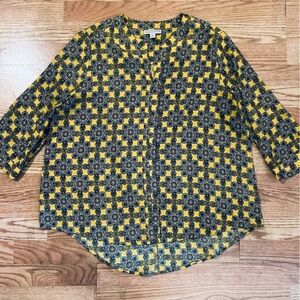 Dana Buchman Gold Gray & Brown Medallion Print Long Sleeve Blouse Size XL